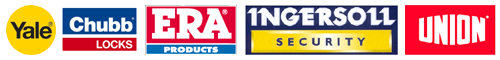 Various lock brand logos: Yale, Chubb, ERA, Ingersoll, Union
